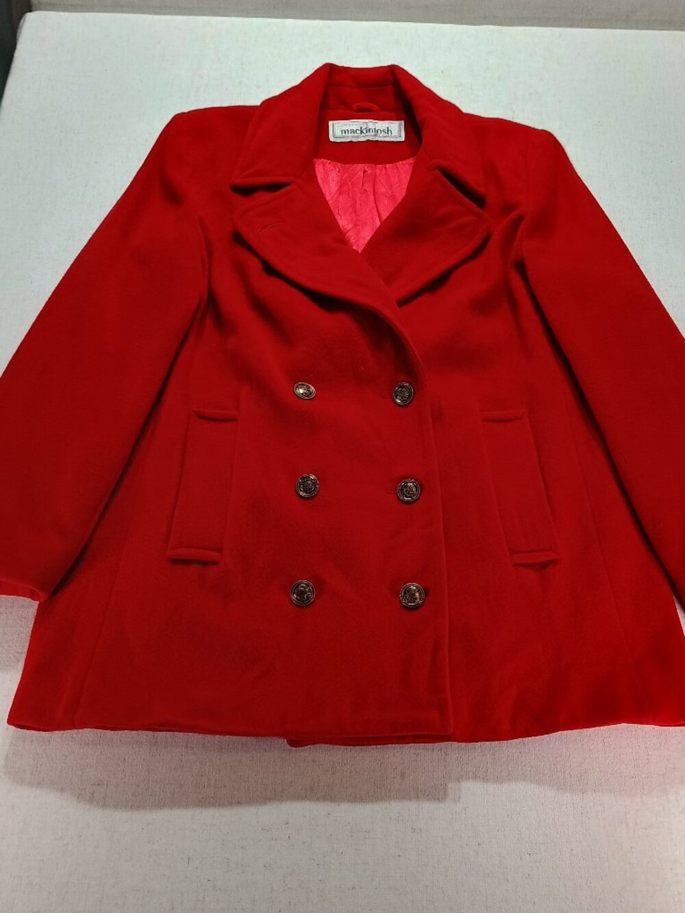 Vintage Mackintosh Red Wool Blend Pea Coat Double Breasted Gold Buttons